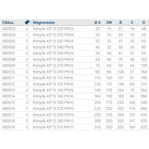 Könyök 45º D 280 PN10