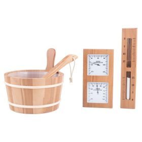   SAUNABAU THERMO NYÁR szauna szett 2.0: dézsa, kanál, hőmérő-páramérő és homokóra fehér homokkal