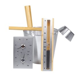   SAUNABAU ezüst alu&bambusz szauna szett dézsa, kanál, hőmérő-páramérő és homokóra