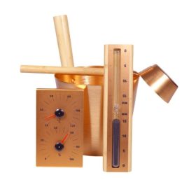   SAUNABAU rézszínű alu&bambusz szauna szett dézsa, kanál, hőmérő-páramérő és homokóra