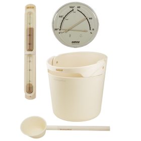   Harvia Helmi műanyag szauna szett dézsa, kanál, hőmérő-páramérő és homokóra, elefántcsont SA010V