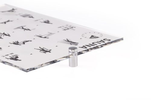 Szauna használati útmutató nemzetközi, 195*297mm, acryl üveg, krómozott távtartó rögzítő csavarokkal